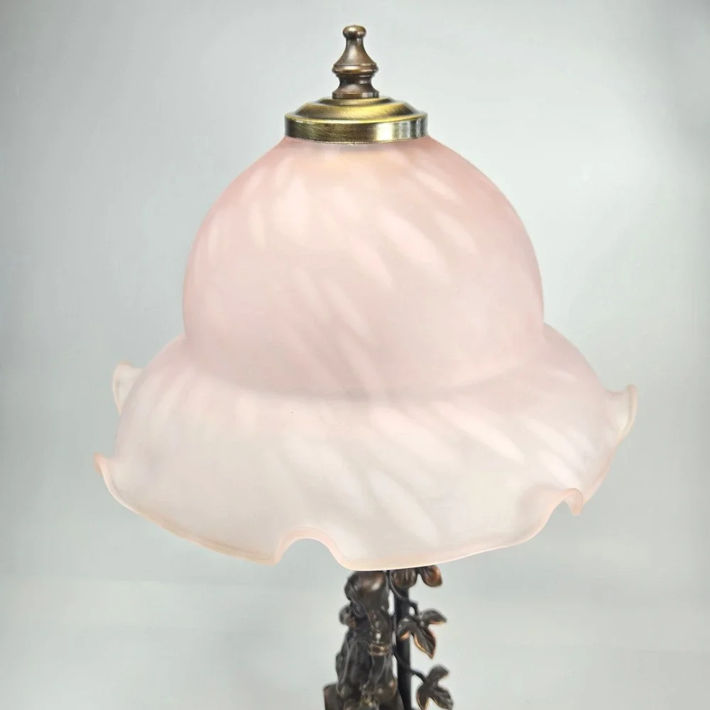 Vintage Juan Clara Bronze Statue Girl on Chair Table Lamp Pink Frost Glass Shade